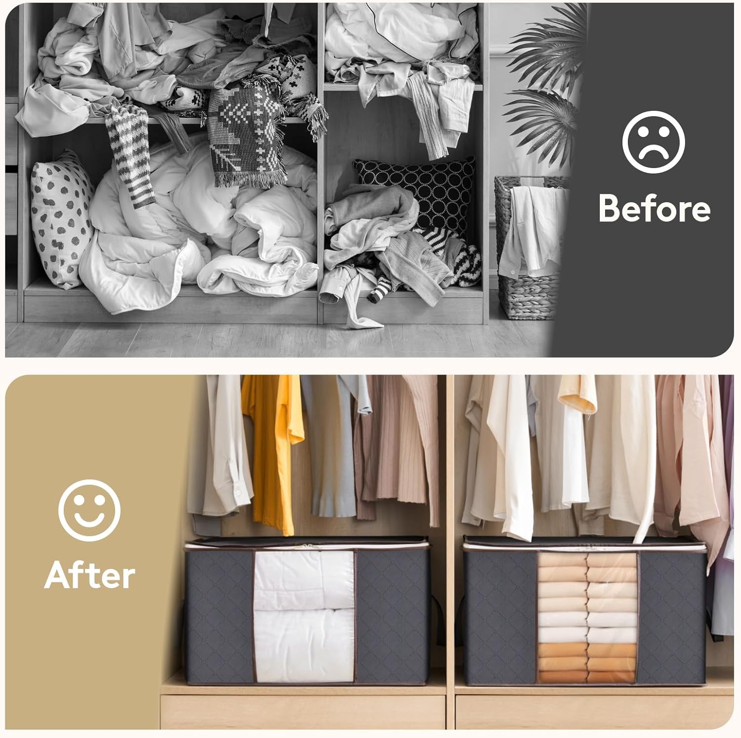 Before: a messy cupboard of tangled bedding. After: two Boxora bags neatly placed beneath hanging clothes