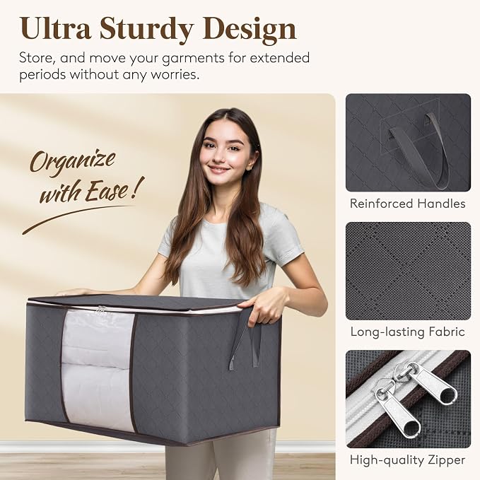Woman carrying a Boxora storage bag, with close-ups of the reinforced handles, quilted fabric and double zipper