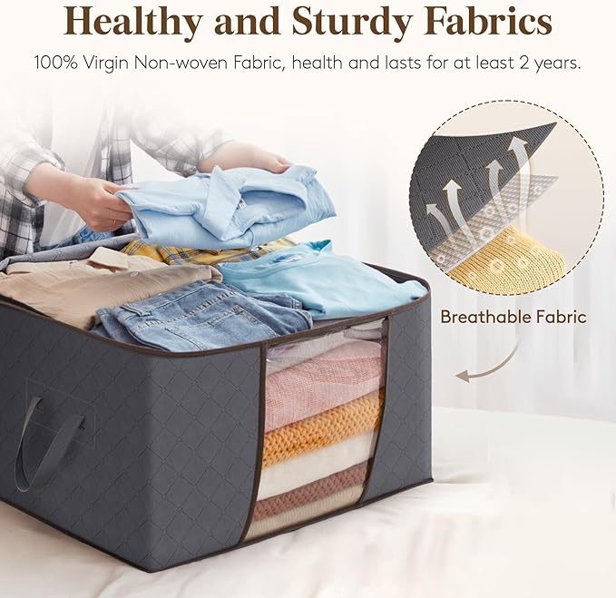 Hands placing folded shirts and jeans into an open Boxora storage bag, with a detail of the breathable fabric