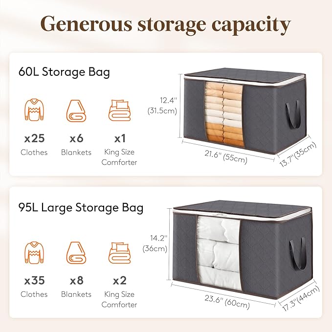 Dimensions of the 60L bag (55 × 35 × 31.5 cm) and the 95L bag (60 × 44 × 36 cm)