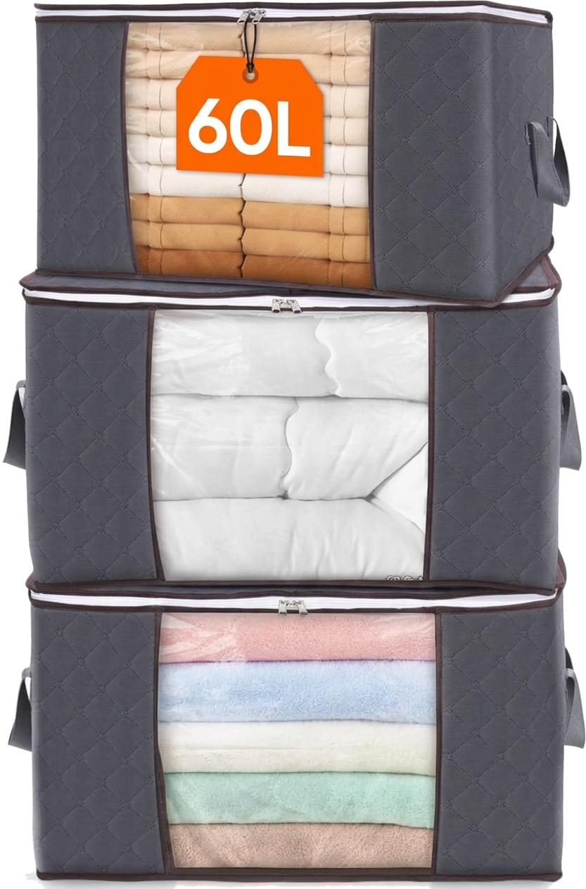 Boxora 60L Storage Bags, 3 Pack — stacked grey bags with clear windows