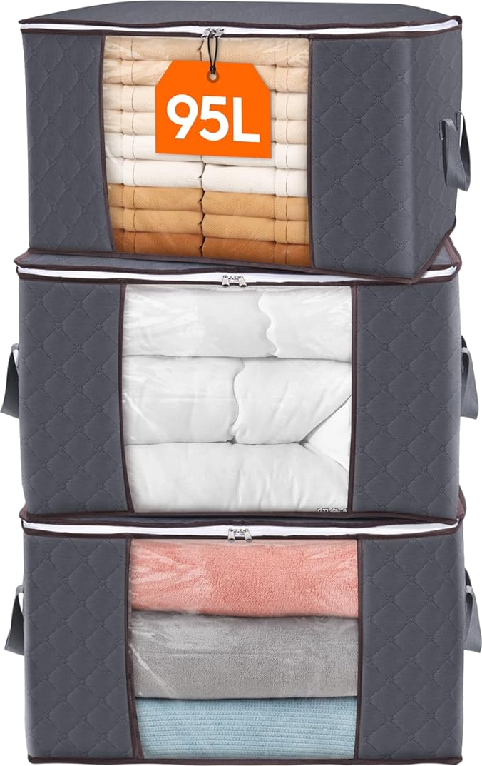 Boxora 95L Storage Bags, 3 Pack — stacked grey bags with clear windows showing towels and bedding